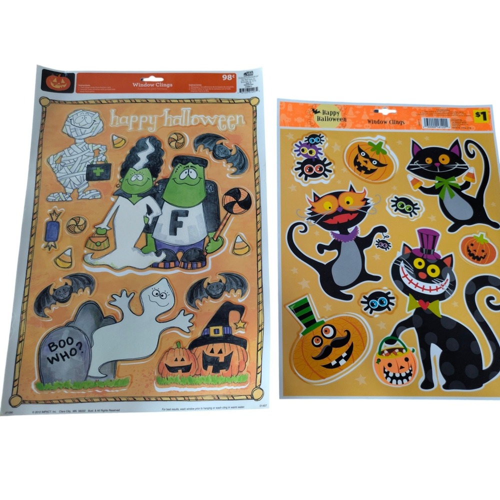 Halloween Window Clings Frankenstein Ghost Black Cat Pumpkin DecorLot of 2
